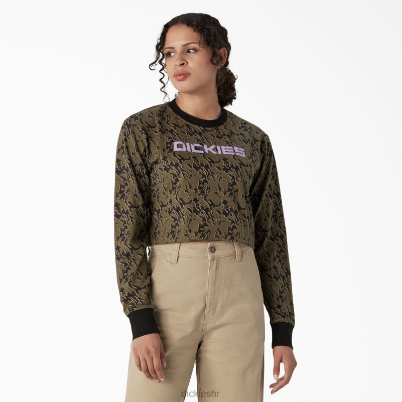 maskirna skraćena majica dugih rukava žene Dickies vojnički zeleni glitch camo (mpe) 6BPL62188 odjeća
